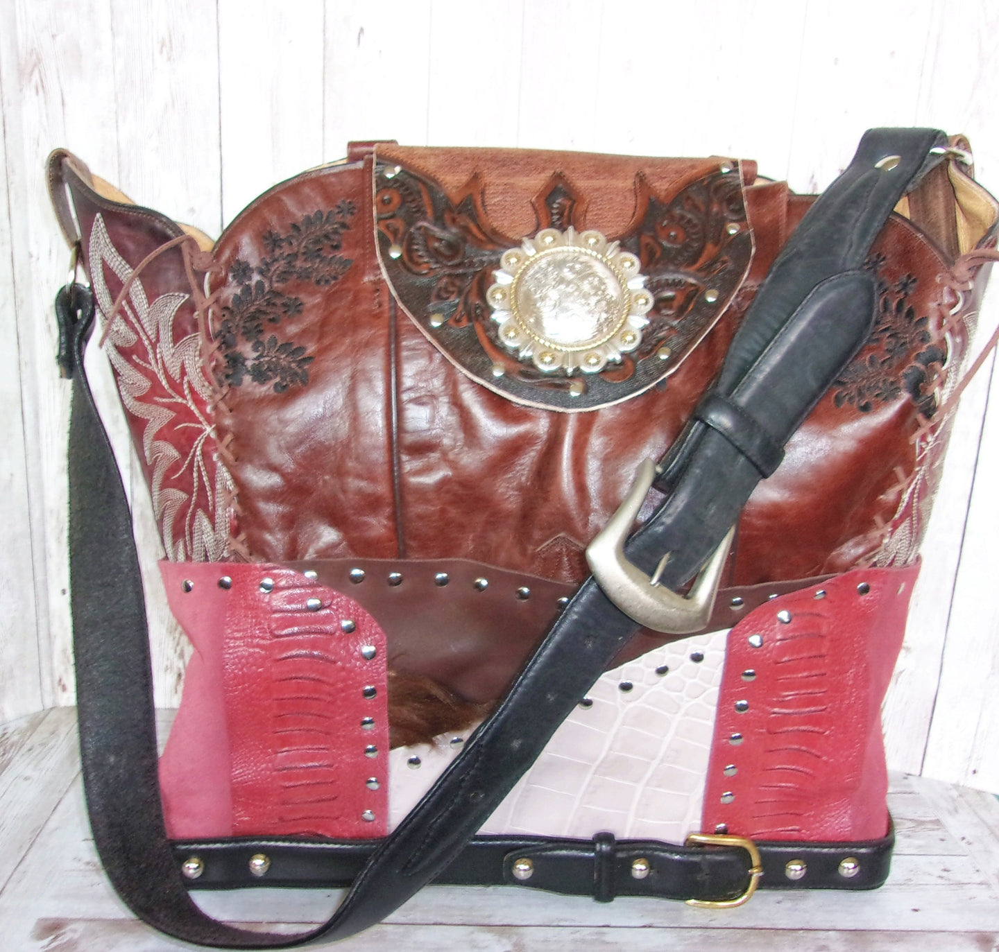 Cowboy Boot Laptop Tote LT35 handcrafted from cowboy boots. Shop Handbags at ChrisThompsonBags.com and buy the best boot purse, cowboy boot purse, cowgirl handbag, leather laptop tote, recycled cowboy boots, unique gift for her, unique gift for him, unique travel bag, western diaper bag, western laptop tote, western travel bag, XL cowboy Boot Purse, XL leather tote at Chris Thompson Bags.